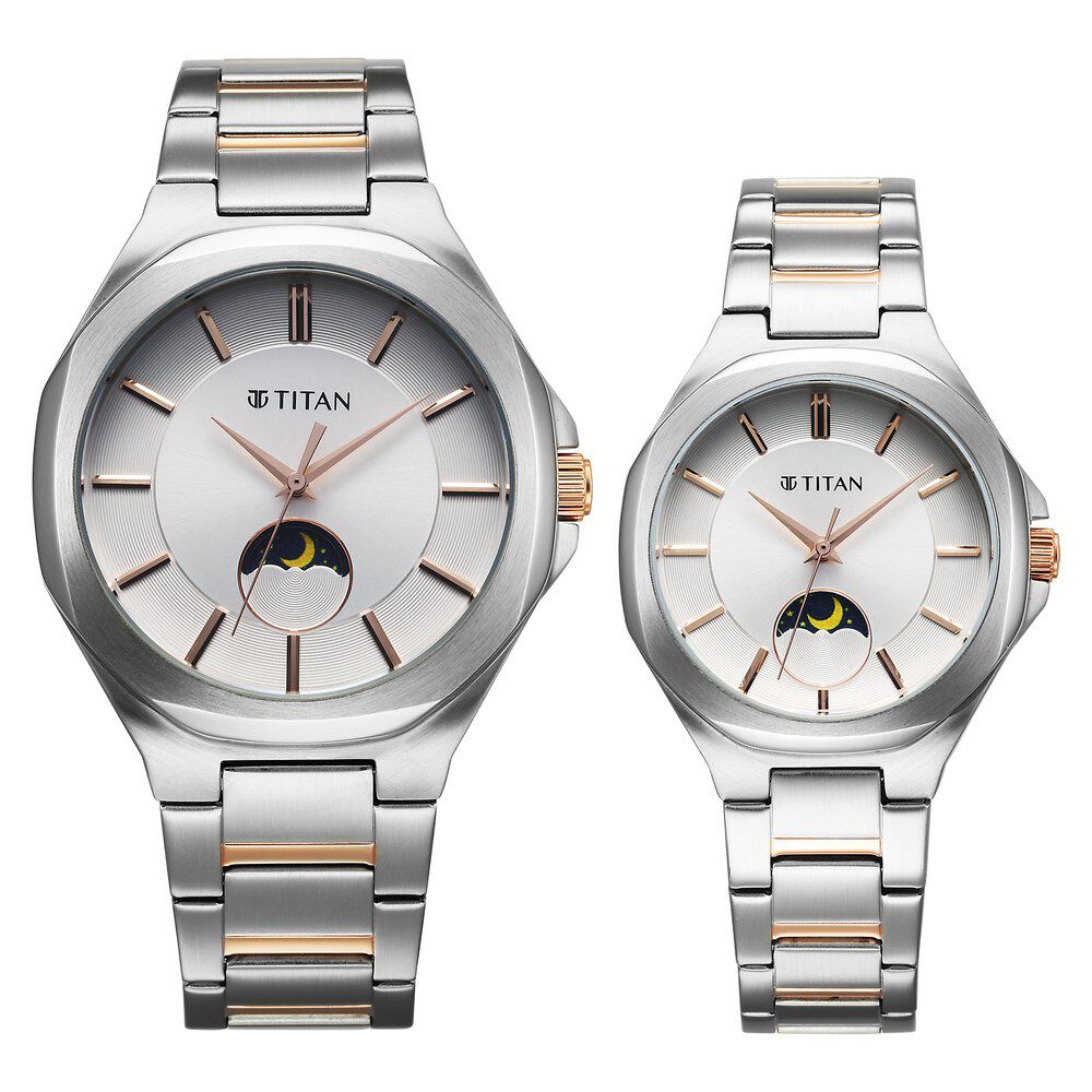 Buy Online Titan Bandhan Quartz Analog Sun Moon Silver Dial Two Toned Stainless Steel Strap Watch For Couple 9400994209km01 p Titan