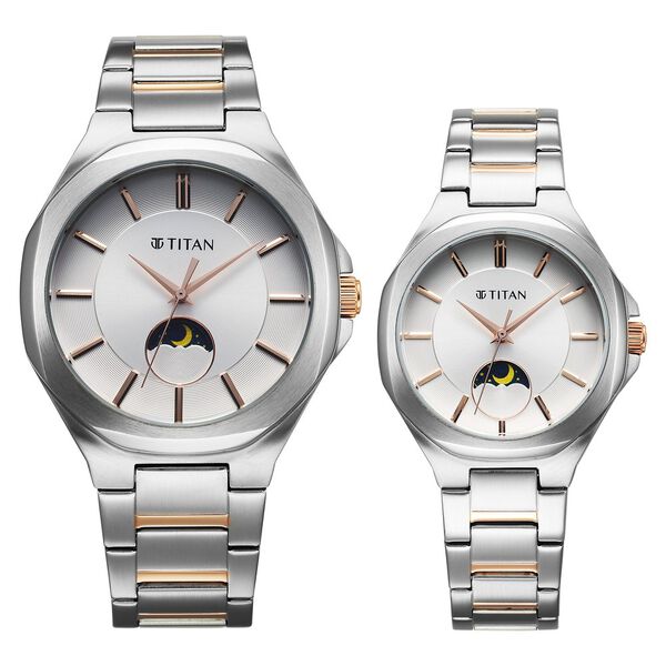 Titan Bandhan Quartz Analog Sun-Moon Silver Dial Two Toned Stainless Steel Strap Watch For Couple - image number 0
