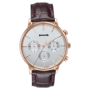 Sonata Festive Quartz Multifunction Silver Dial Brown Leather Strap Watch For Men