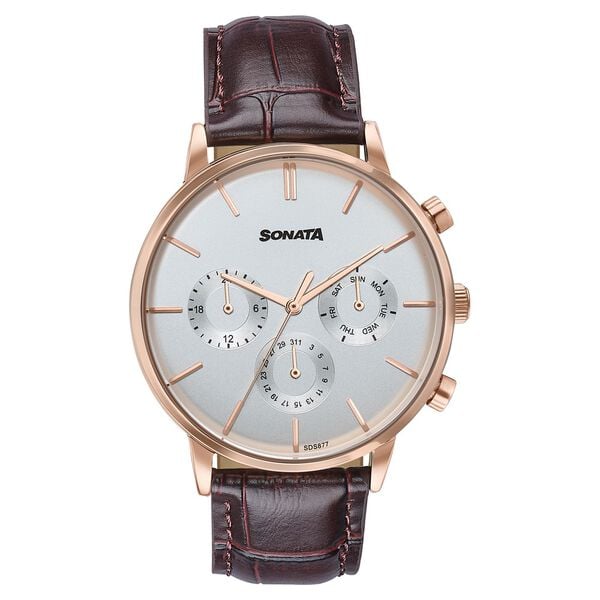Sonata Festive Quartz Multifunction Silver Dial Brown Leather Strap Watch For Men - image number 0