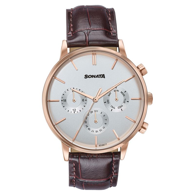Sonata Festive Quartz Multifunction Silver Dial Brown Leather Strap Watch For Men