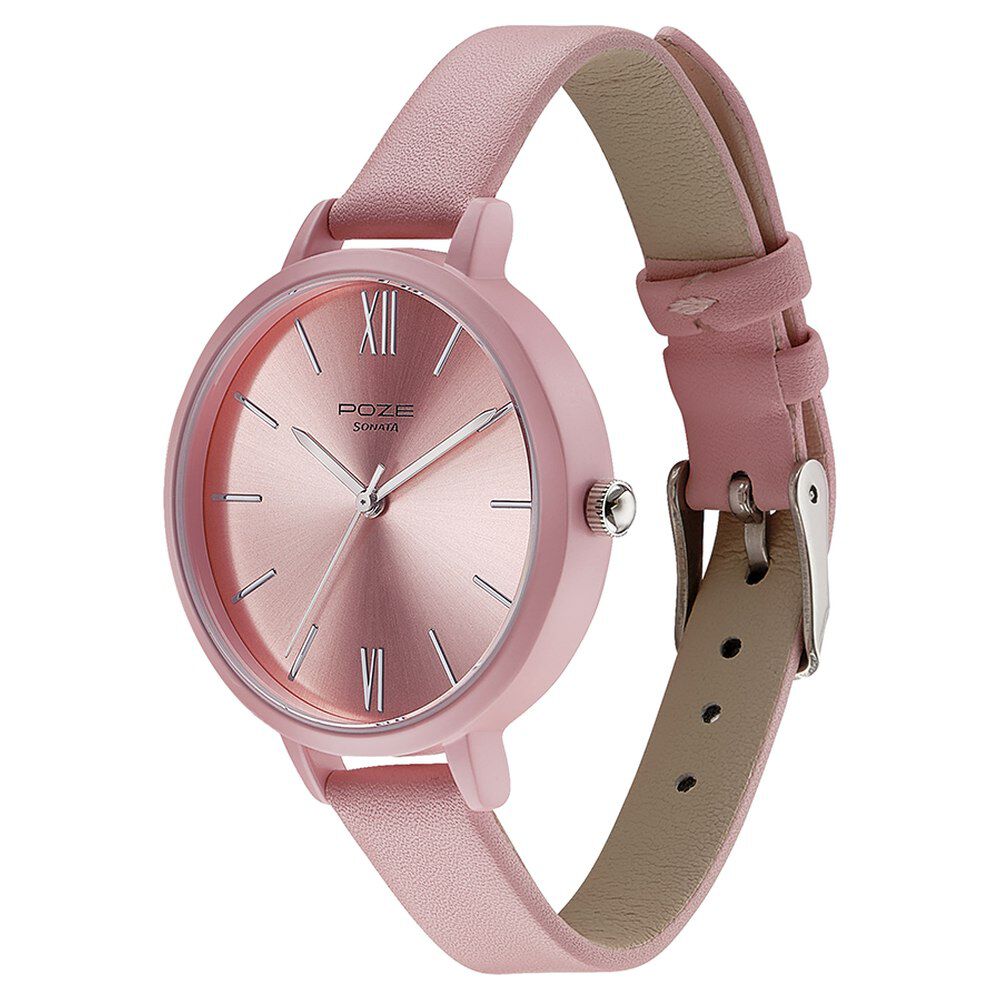 Buy Online Sonata Poze Quartz Analog Pink Dial Leather Strap Watch