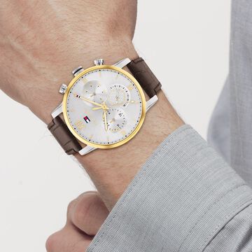 Tommy Hilfiger Multifunction Silver Round Dial Brown Leather Strap Watch For Men