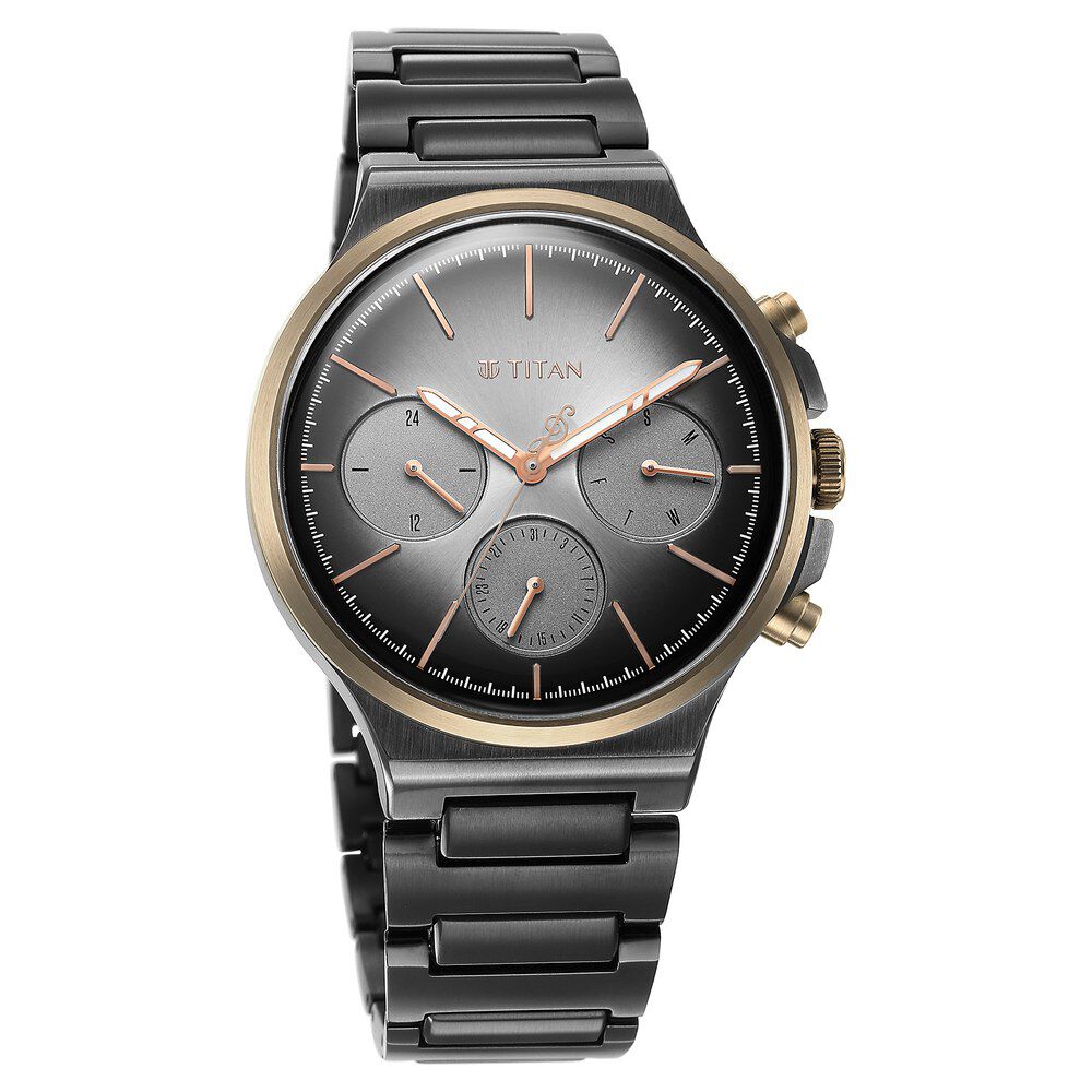 Buy Online Titan Quartet Grey Dial Analog with Day and Date Stainless Steel Strap watch for Men ns1883km01 Titan