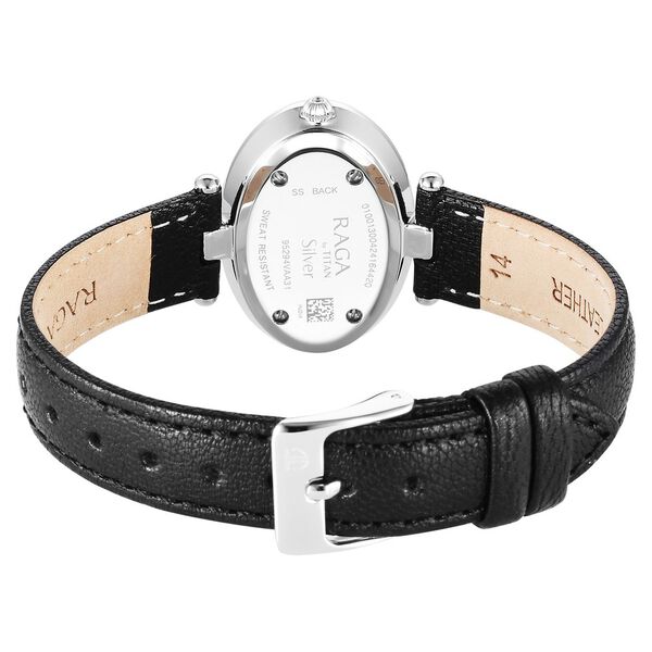 Titan Raga Silver Quartz Analog Mother Of Pearl Dial Sterling Silver Case With Black Color Leather Strap Watch For Women - image number 4