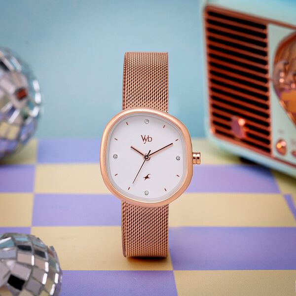 Vyb Muse By Fastrack Quartz Analog White Dial Rose Gold Stainless Steel Strap Watch For Girls - image number 0