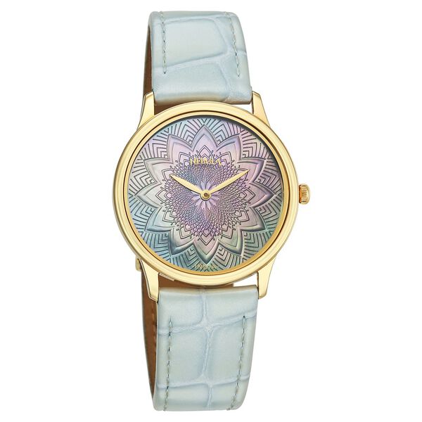 Titan Nebula Lotus 18 KT Gold Quartz Analog Blue Mother of Pearl Dial Leather Strap Watch For Women - image number 1