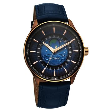 Titan Stellar Analog with Earth Disc and Blue Dial Blue Leather Strap Watch for Men