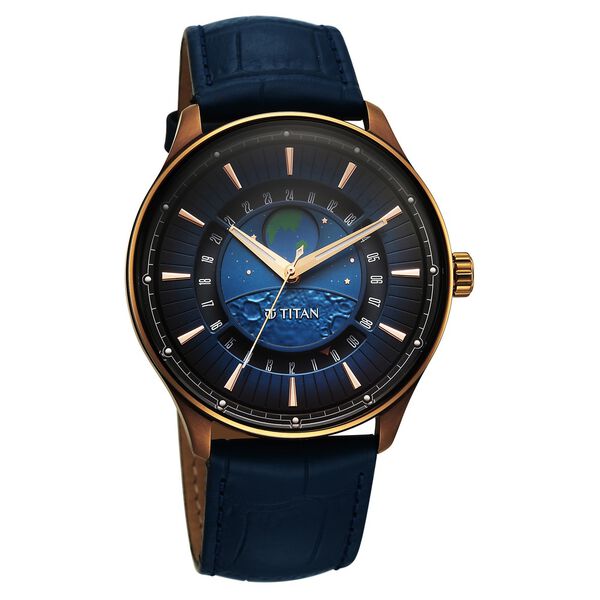 Titan Stellar Analog with Earth Disc and Blue Dial Blue Leather Strap Watch for Men - image number 2