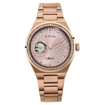 Titan Animalia Rose Gold Dial Automatic Stainless Steel Strap Watch for Women