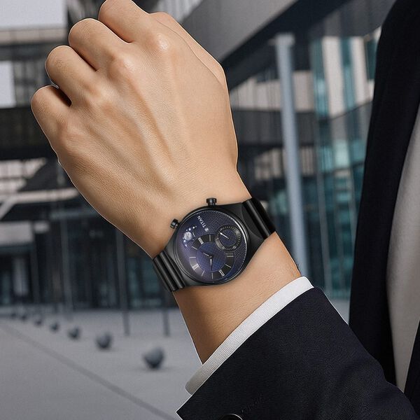 Titan Micromotors Analog with Date and Sun-Moon Sub-Dial and Blue Dial Black Stainless Steel Strap Watch for Men - image number 7