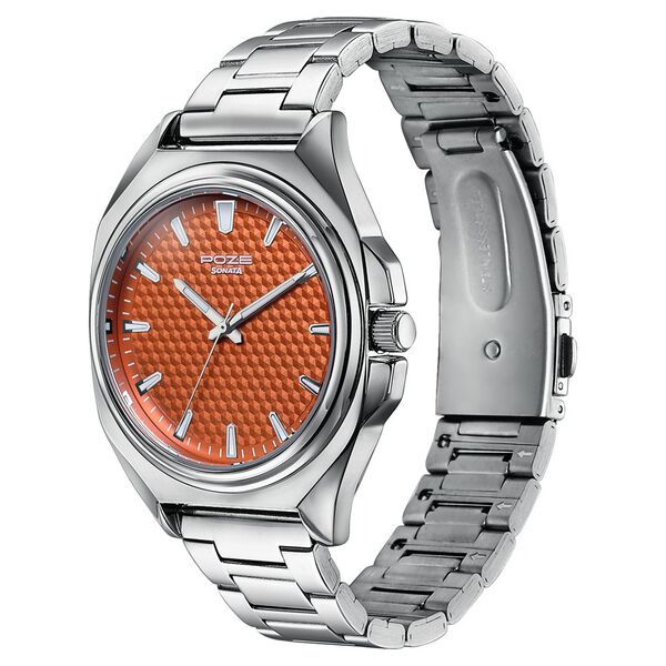 Poze By Sonata Quartz Analog Orange Dial Silver Metal Strap Watch For Men - image number 4