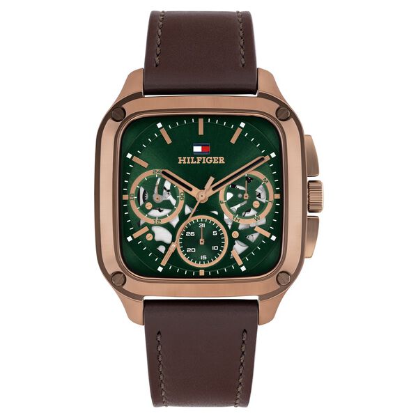 Tommy Hilfiger Quartz Multifunction Green Dial Brown Leather Strap Watch For Men - image number 0
