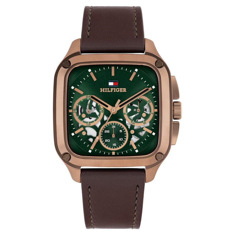 Tommy Hilfiger Quartz Multifunction Green Dial Brown Leather Strap Watch For Men