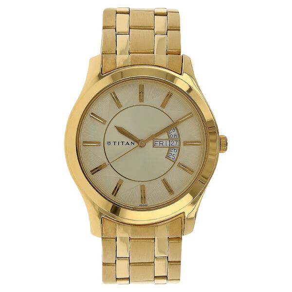Titan Quartz Analog with Day and Date Champagne Dial Stainless Steel Strap Watch for Men - image number 0