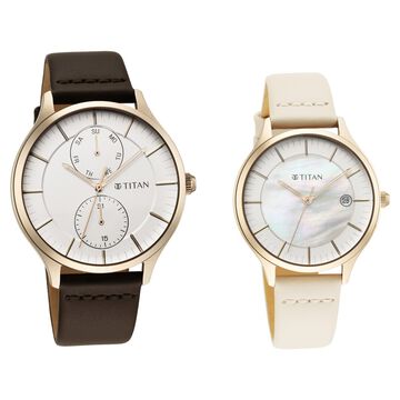 Titan Bandhan White and Mother of Pearl Dial Analog with Date Leather Strap watch for Couple