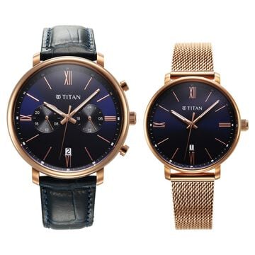 Titan Bandhan Quartz Analog with Date Blue Leather and Stainless Steel Strap for Couple