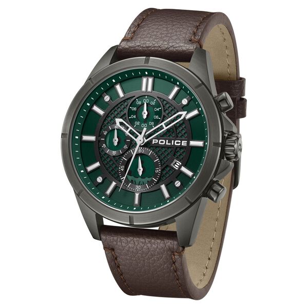 Police Chronograph Green Dial Brown Color Leather Strap Watch For Men - image number 1