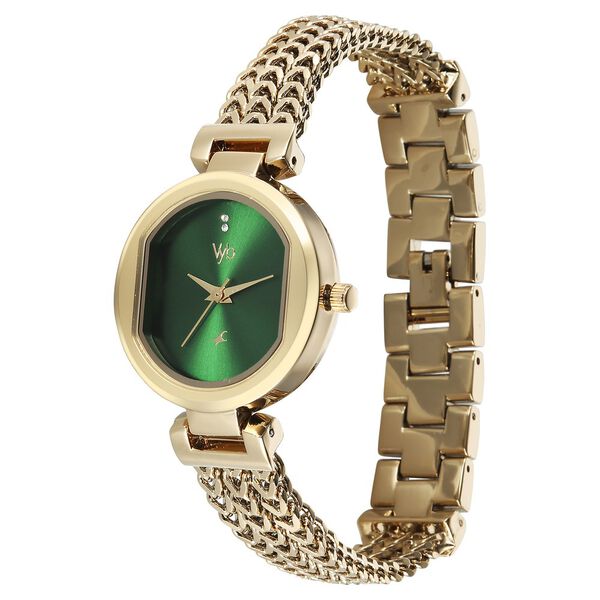 Vyb Seeker By Fastrack Quartz Analog Green Dial Golden Stainless Steel Strap Watch For Girls - image number 4
