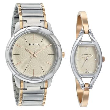 Sonata Quartz Analog Beige Dial Stainless Steel Strap Watch for Couple