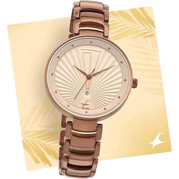 Fastrack Ruffles Quartz Analog with Date Beige Dial Stainless Steel Strap Watch for Girls