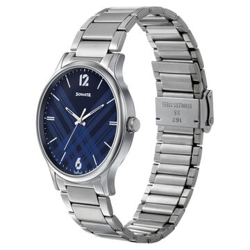 Sonata Smart Plaid Quartz Analog Blue Dial Stainless Steel Strap Watch for Men