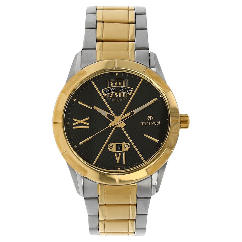 Titan Regal Crest Black Dial Analog with Day and Date Stainless Steel Strap Watch for Men