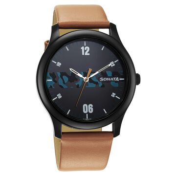Sonata Quartz Analog Black Dial Leather Strap Watch for Men