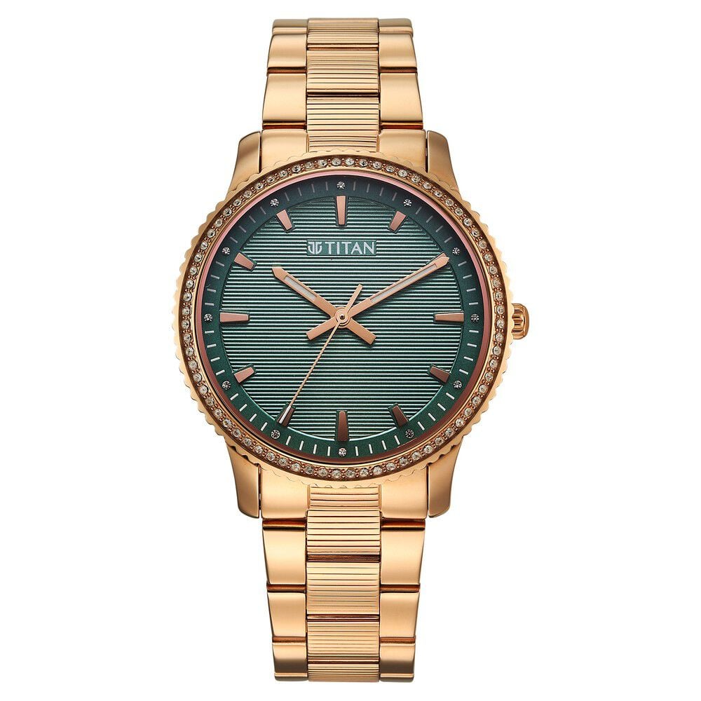 Titan Purple Sports Fashion Quartz Analog Green Dial Rose Gold Stainless Steel Strap Watch For Women-image-5