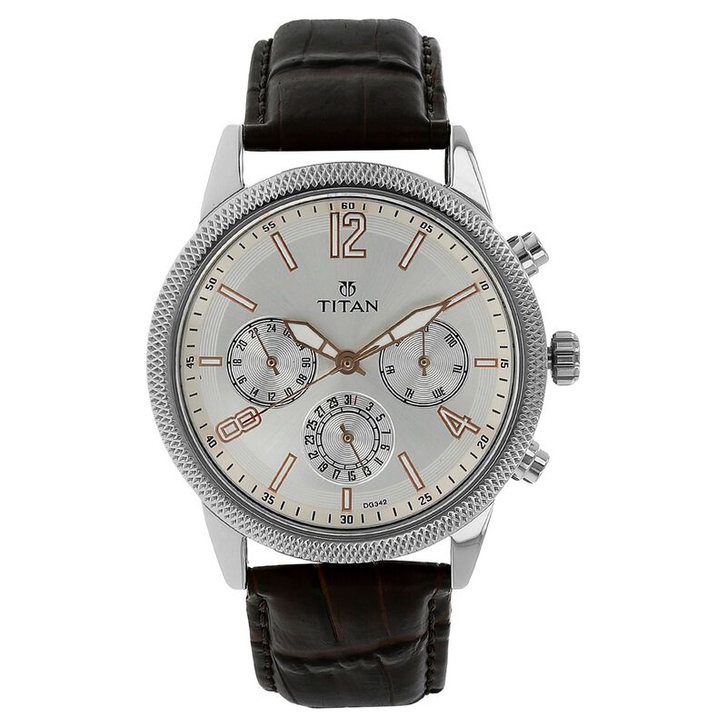 Titan Quartz Multifunction Silver Dial Leather Strap Watch for Men