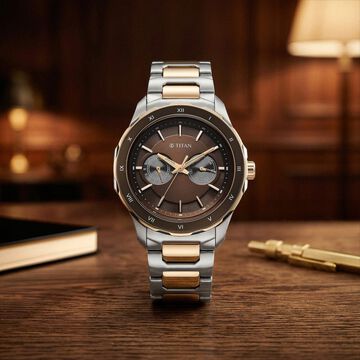 Titan Regalia Opulent Two-Eye Multifunction Brown Panda Dial Rose Gold And Steel Bimetal Strap Watch For Men