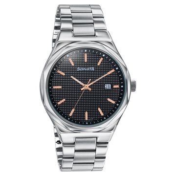 Sonata Jashn Quartz Analog Black Dial Silver Metal Strap Watch For Men