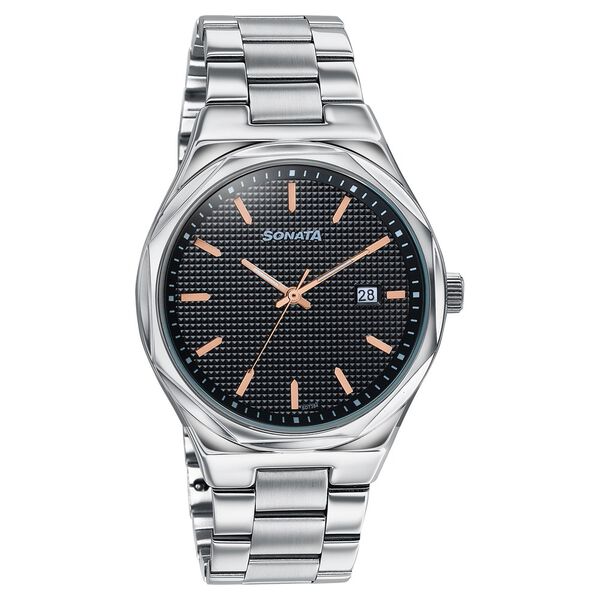 Sonata Jashn Quartz Analog Black Dial Silver Metal Strap Watch For Men - image number 1