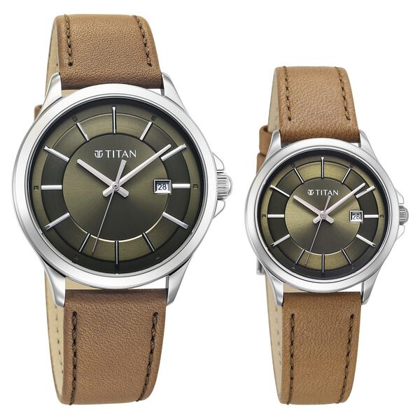 Titan Bandhan Quartz Analog with Date Green Dial Brown Leather Strap Watch For Couple - image number 1