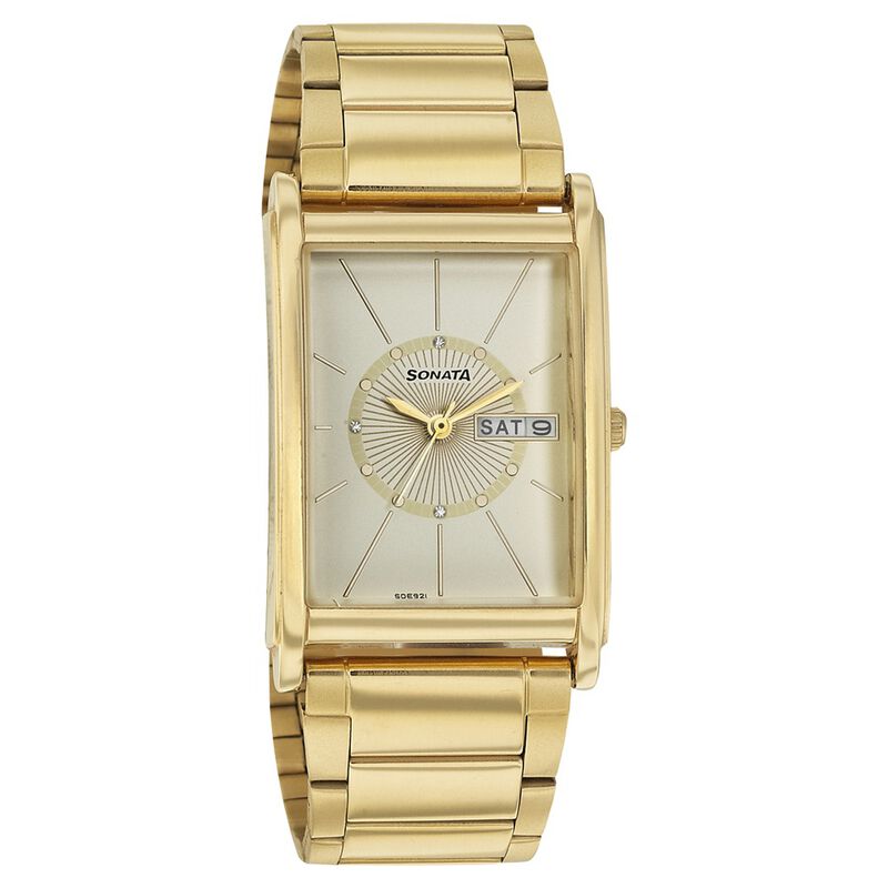 Sonata Quartz Analog with Day and Date Champagne Dial Stainless Steel Strap Watch for Men
