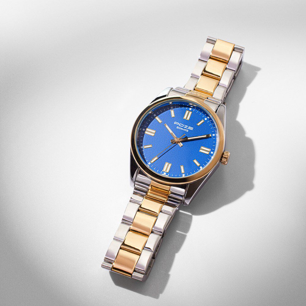 Buy Online Sonata Poze Quartz Analog Blue Dial Two Toned Color Stainless Steel Strap Watch For Men sp70033bm01w Titan