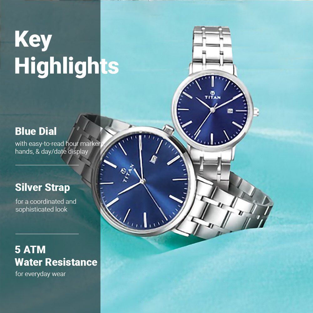 Buy Online Titan Quartz Analog with Date Blue Dial Stainless Steel