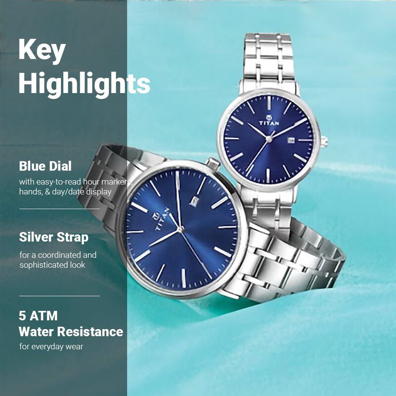 Titan Quartz Analog with Date Blue Dial Stainless Steel Strap Watch for Couple - image number 1