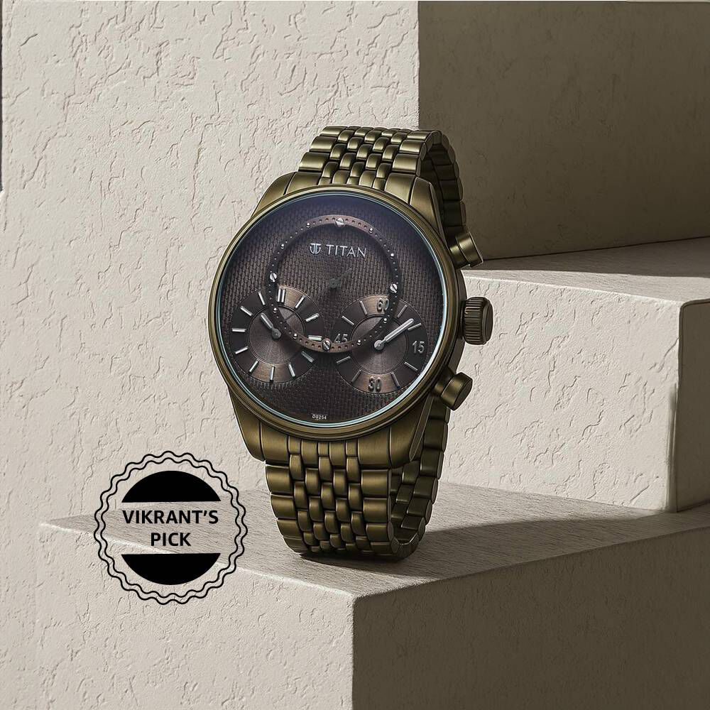 Titan Micromotors Analog with Independent Hour, Minute and 2nd Sub-Dial Olive Dial Stainless Steel Strap Watch for Men image
