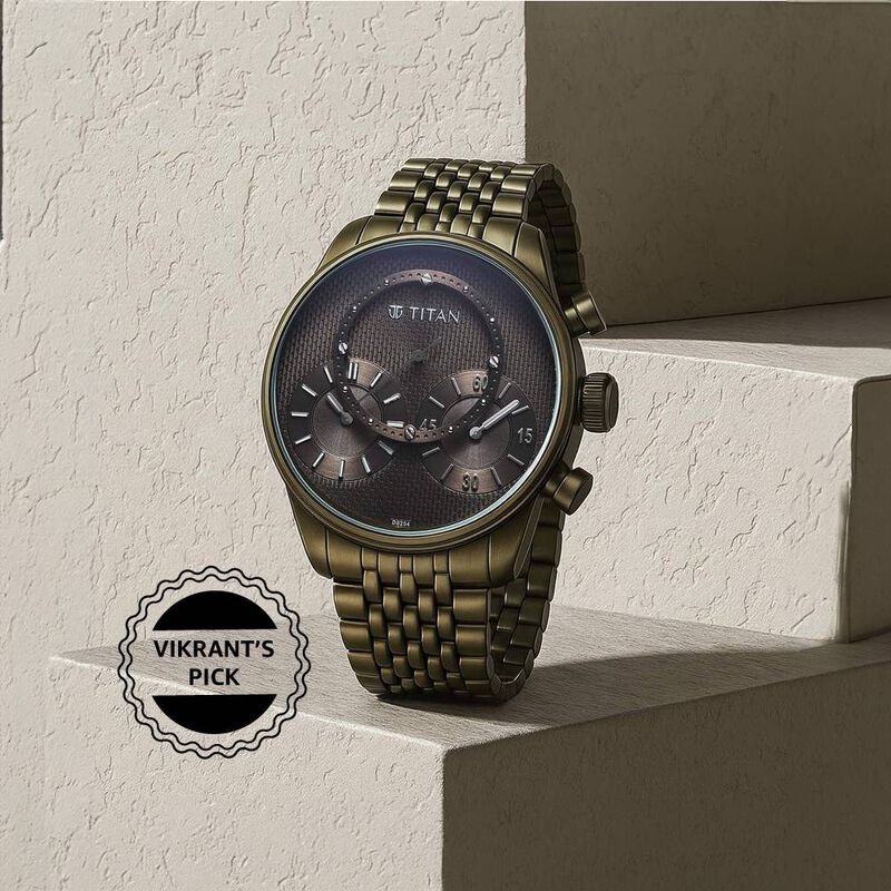 Titan Micromotors Analog with Independent Hour, Minute and 2nd Sub-Dial Olive Dial Stainless Steel Strap Watch for Men