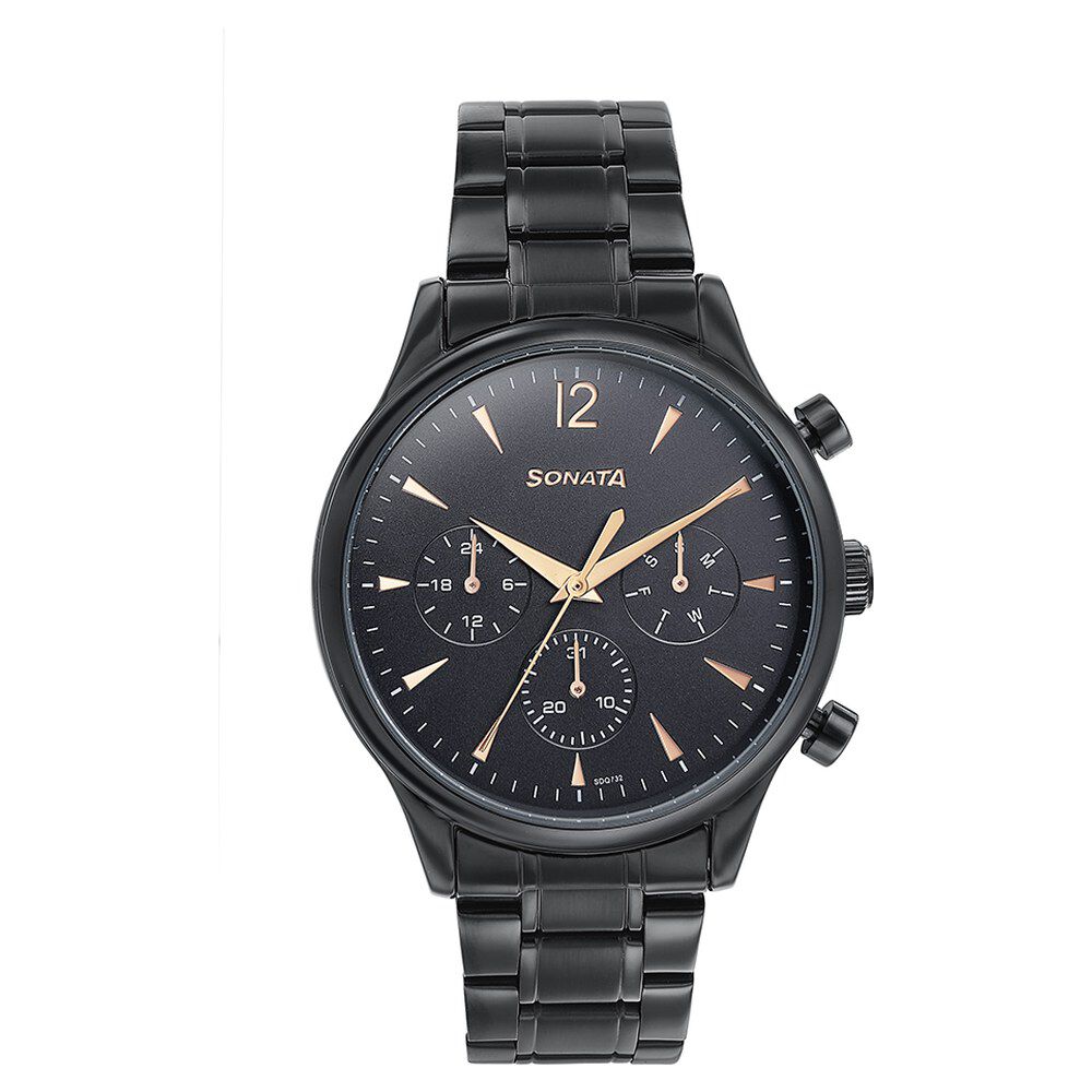 Buy Online Sonata Quartz Multifunction Black Dial Black Stainless Steel Strap Watch For Men 77146nm01 Titan