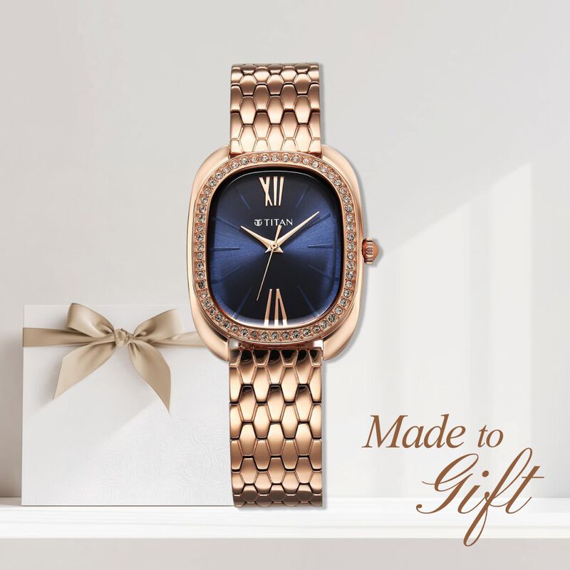 Titan Purple Glamour Quartz Analog Blue Dial Rose Gold Stainless Steel Strap Watch For Women