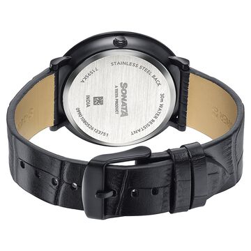 Sonata Sleek Black Dial Silver-Tone Leather Strap Watch