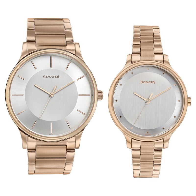Sonata Modern Bandhan Quartz Analog Silver Dial Stainless Steel Strap Watch for Couple