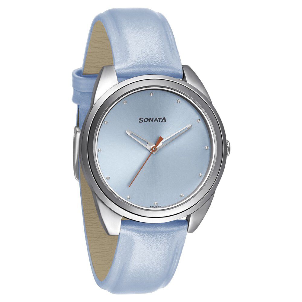 Buy Online Sonata Women of Steel Blue Dial Leather Strap Watch for Women ns8182sl01 Titan