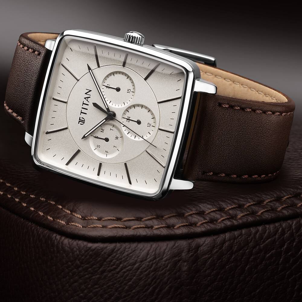 Buy Online Titan Avant Garde Quartz Multifunction Silver Dial Leather Strap watch for Men ns90147sl01 Titan