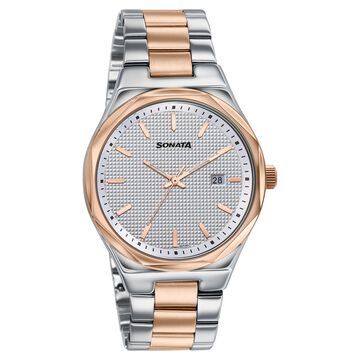 Sonata Jashn Quartz Analog White Dial Two Toned Metal Strap Watch For Men
