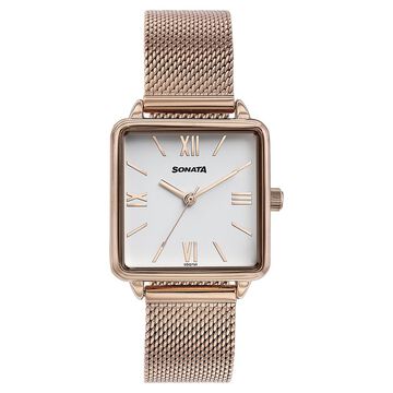 Sonata Quartz Analog White Dial Rose Gold Stainless Steel Strap Watch For Women