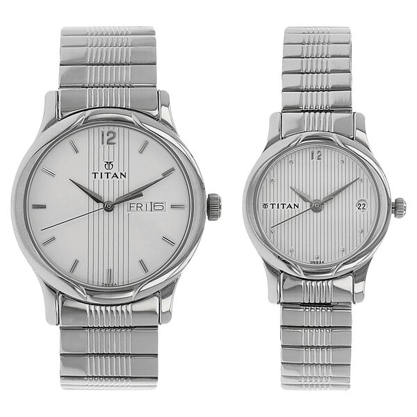 Titan Quartz Analog with Day and Date Silver Dial Stainless Steel Strap Watch for Couple - image number 0