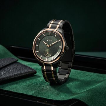 Titan Regalia Opulent Offset Second Hand Green Dial Rose Gold And Black Bimetal Strap Watch For Men